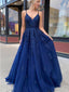 Charming Royal Blue Spaghetti Strap Lace Tulle Backless Side Slit A-line Long Cheap Prom Dresses, PDS0083