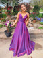 A-line V-neck Satin Long Simple Prom Dresses, Purple Bridesmaid Dresses Online, TYP1222