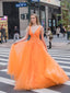 Charming V-neck Orange Tulle A-line Long Cheap Party Prom Dresses, PDS0107