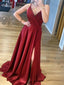 Charming A-line Simple Burgundy Satin V-neck Side Slit Long Cheap Evening Party Prom Dresses, PDS0032
