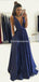 Sexy A-Line Deep V-Neck Dark Blue Prom Dresses with Pockets, TYP1256