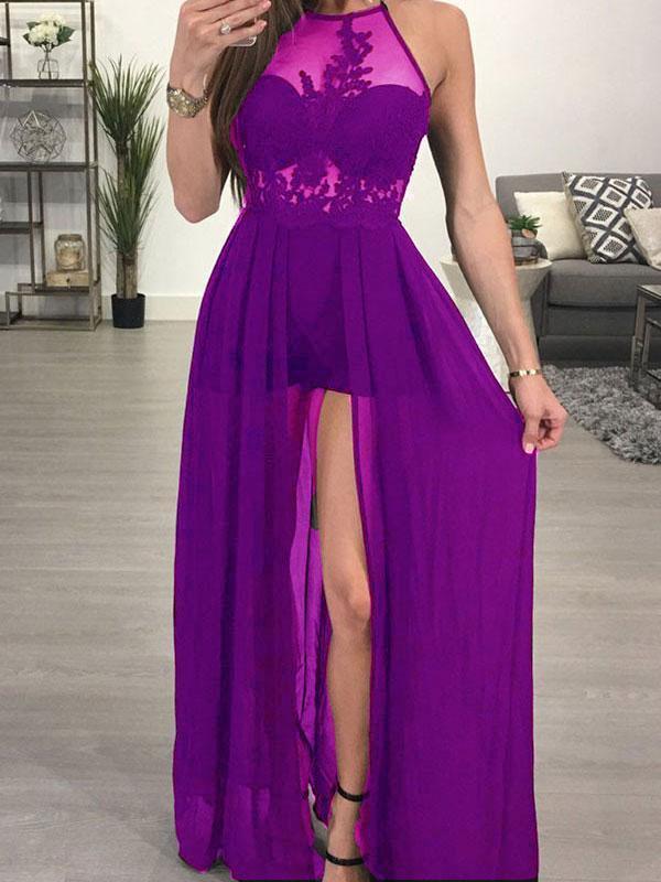 A-line Halter See-through Black Chiffon Sexy Long Prom Dresses with Slit, TYP1223
