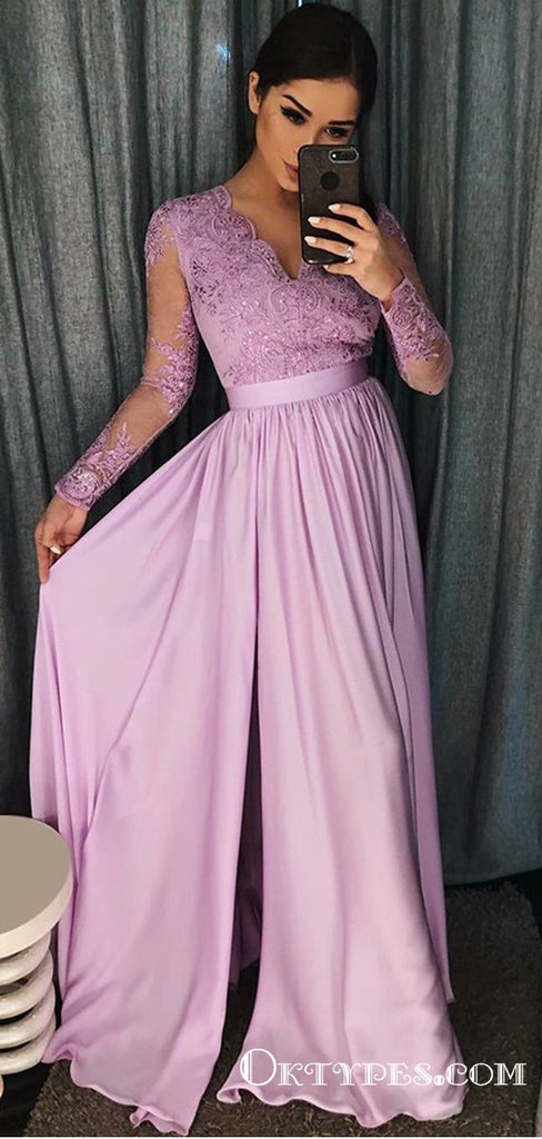 A-Line V-Neck Purple Satin Prom Dresses with Appliques Beading, TYP1890