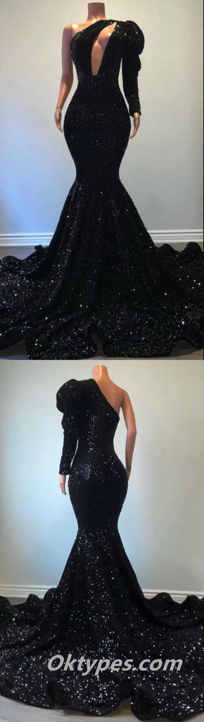 Elegant Sequin One Shoulder One sleeve Mermaid Long Floor Length Prom Dresses ,PDS0363