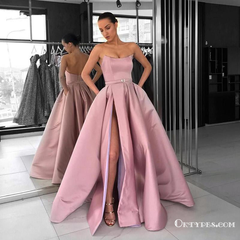 Ball Gown Strapless Split Pink Satin Long Prom Dresses with Pockets, TYP1733
