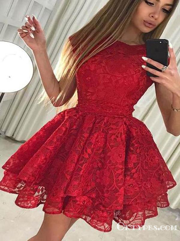 Pretty Round Neck Short Cheap Red Lace Homecoming Party Dresses, TYP1044