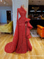 New Arrival Sparkly Sexy A-line Red One Shoulder Long Sleeve High Slit Long Cheap Sequin Prom Dresses, TYP2060