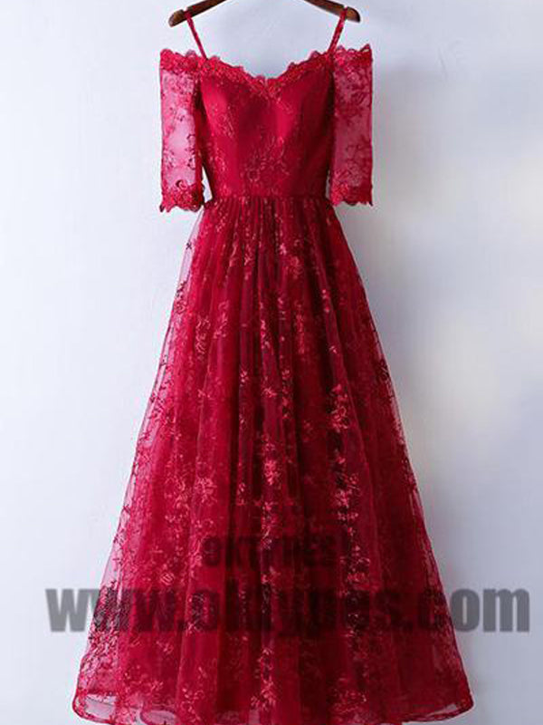 Red Long Floor Length Prom Dresses, Short Sleeve Lace Prom Dresses, Appliques Prom Dresses, Zipper Prom Dresses, TYP0243