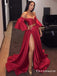 A-Line Off the Shoulder Split Red Long Prom Dresses with Belt Sleeves, TYP1646