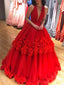 Red Charming Deep V-neck Ball Gown Tulle Long Cheap Prom Dresses, TYP1436