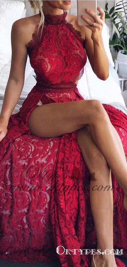 Red Sexy Halter Side Slit Lace Long Cheap Prom Dresses Online, TYP1459