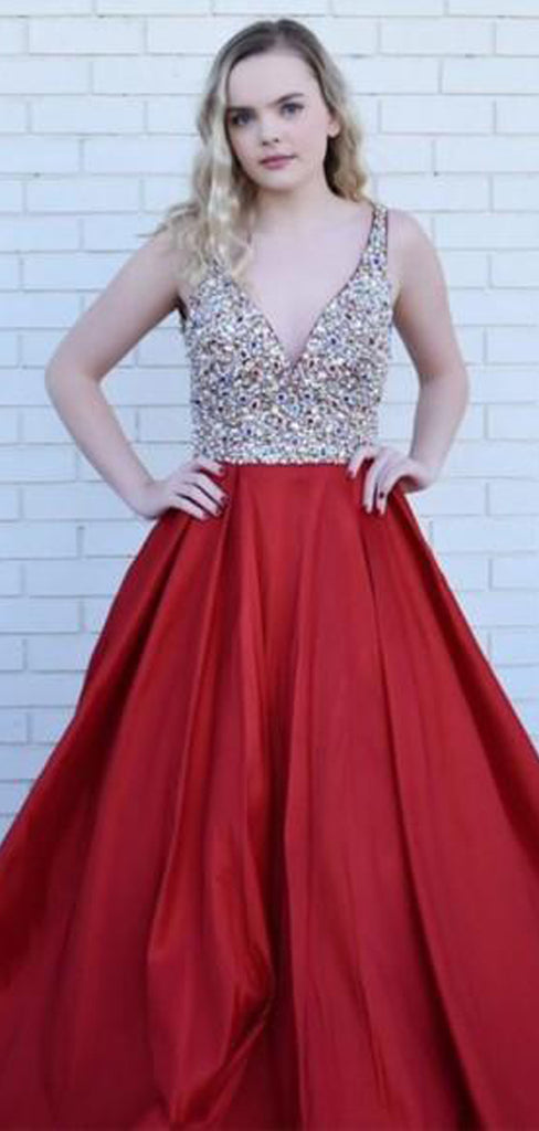 A-Line Deep V-Neck Long Cheap Red Satin Backless Prom Dresses with Beading, TYP1351