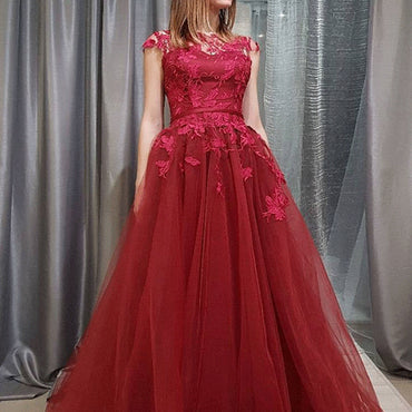 Burgundy Long Floor Length Prom Dresses, Scoop Prom Dresses, Beading Prom Dresses, Half Sleeve Prom Dresses, Zipper Prom dresses, TYP0283