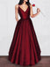 Red Long V-neck A-line Simple Princess Cheap Satin Prom Dresses, TYP1122