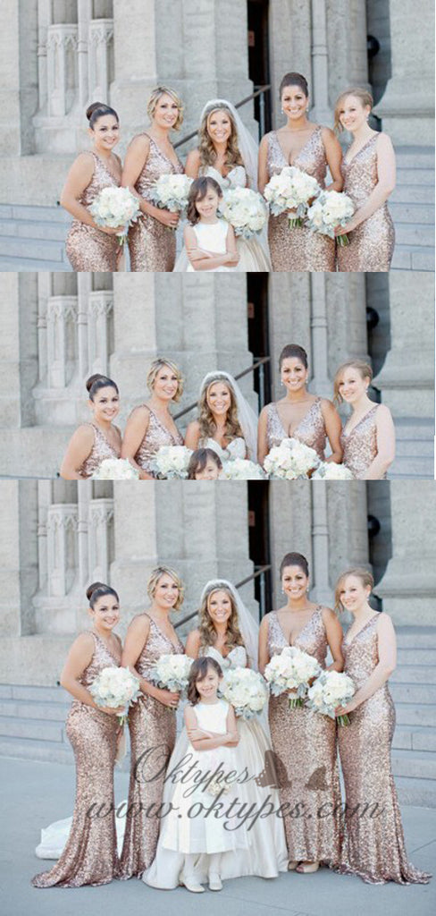 Sparkly Mermaid V-Neck Long Rose Gold Sequined Bridesmaid Dresses, TYP1476