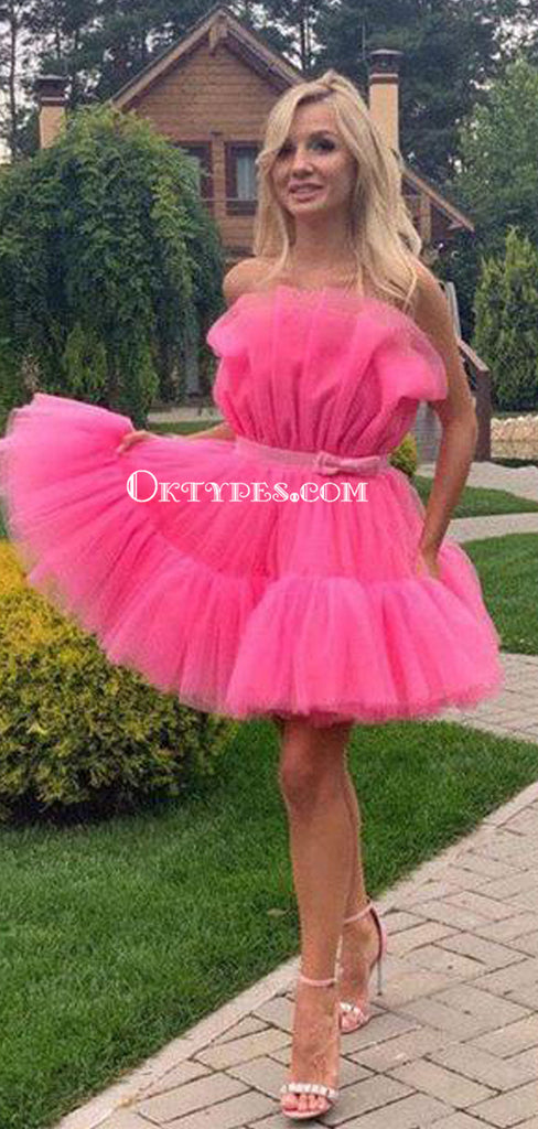 Strapless Rose Pink Tulle Short Homecoming Dresses, HDS0044