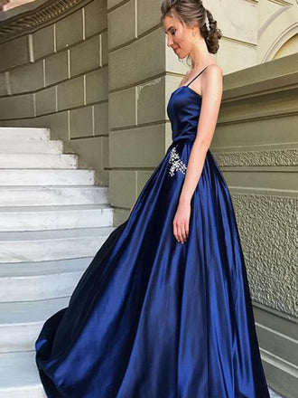 A-Line Spaghetti Straps Royal Blue Satin Prom Dresses with Beading&Pockets, TYP1267