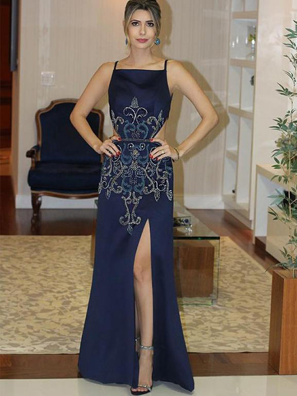 Sexy Navy Blue Backless Long Satin Slit Prom Dresses with Beaded, TYP1607