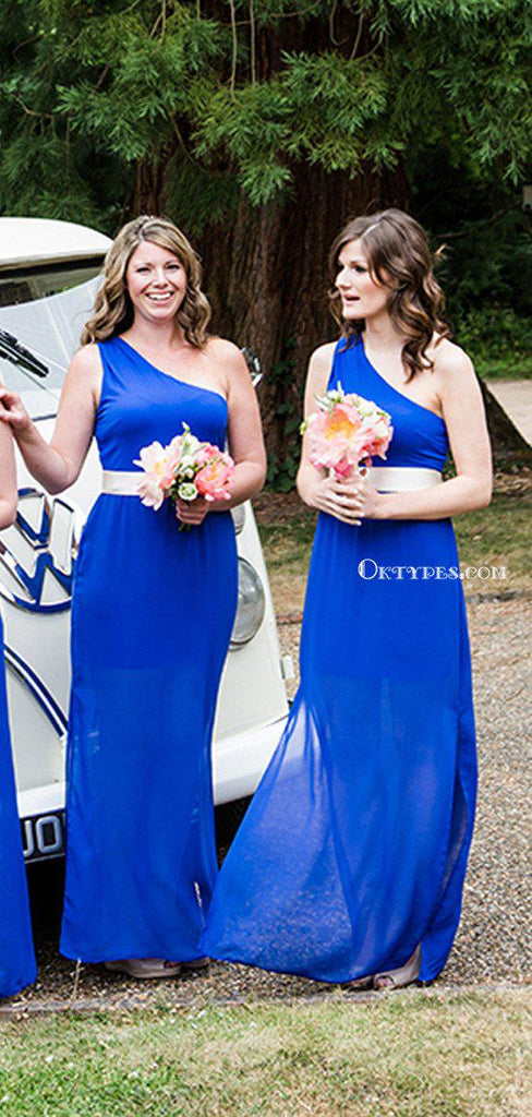 Charming One Shoulder Royal Blue Chiffon Side Slit Long Cheap Bridesmaid Dresses, BDS0044