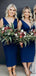 Elegant Simple V-neck Royal Blue Satin Tea-Length Long Cheap Bridesmiad Dresses, BDS0025