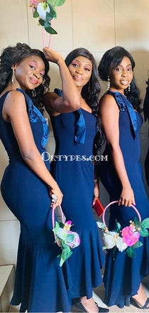 One Shoulder Royal Blue High Low Mermaid Long Cheap Bridesmaid Dresses, BDS0092