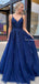 Charming Royal Blue Spaghetti Strap Lace Tulle Backless Side Slit A-line Long Cheap Prom Dresses, PDS0083