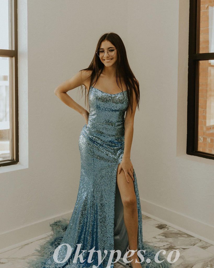 Sexy Sequin Spaghetti Straps Sleeveless Side Slit Mermaid Long Prom Dresses With Feather,PDS0807