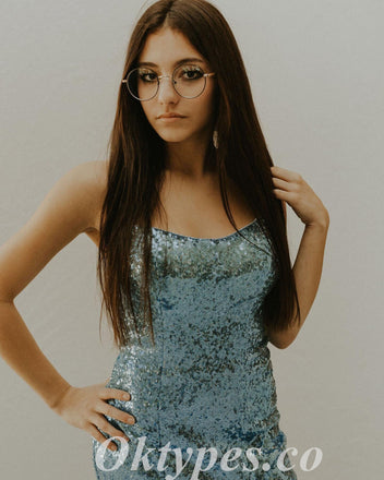 Sexy Sequin Spaghetti Straps Sleeveless Side Slit Mermaid Long Prom Dresses With Feather,PDS0807