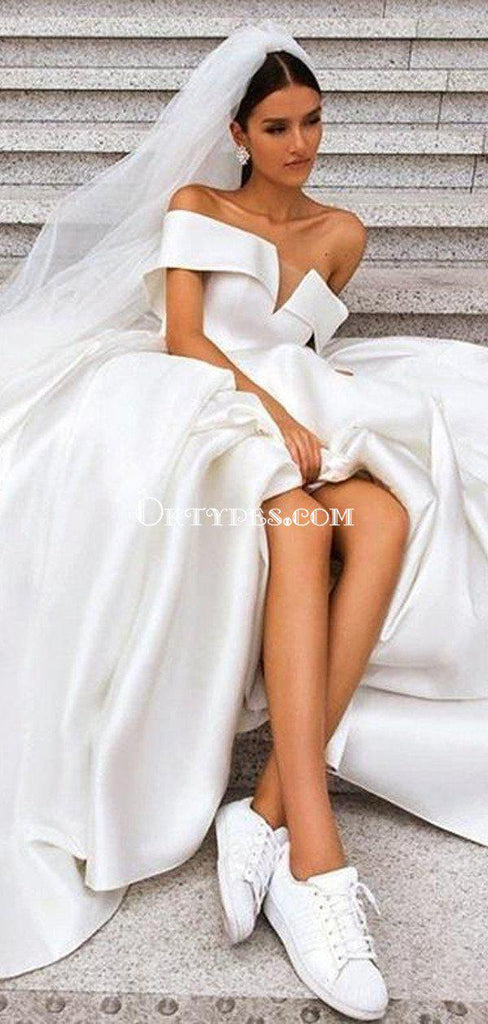 Off-The-Shoulder White Satin A-line Long Cheap Wedding Dresses, WDS0050