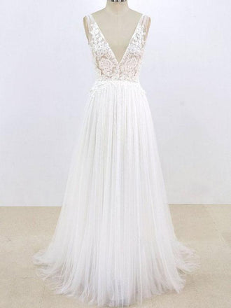 Lace Top V-back Cup Sleeve Tulle Beach Wedding Dresses, Wedding Dresses, TYP0777