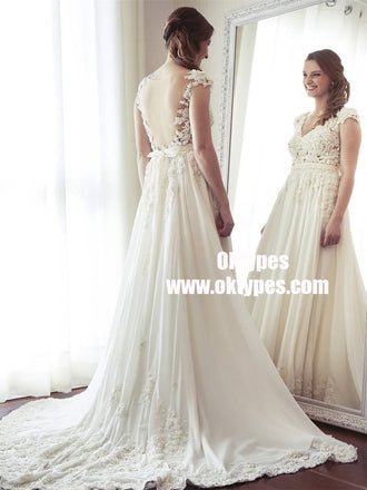Sexy See Through Cap Sleeve A-line Chiffon Beach Wedding Dresses Online, TYP0880