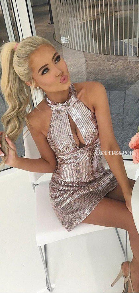 Sexy Halter Open Chest Rose Gold Sequin Cheap Short Homecoming Dresses, HDS0010