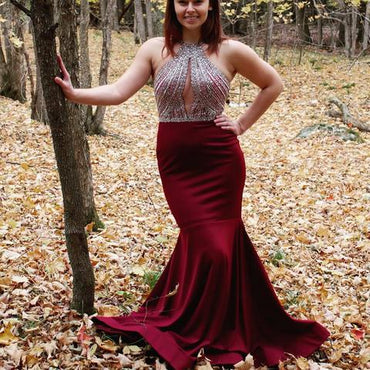 Halter Wine Red Long Beaded Prom Evening Dress with Open Back, TYP1719