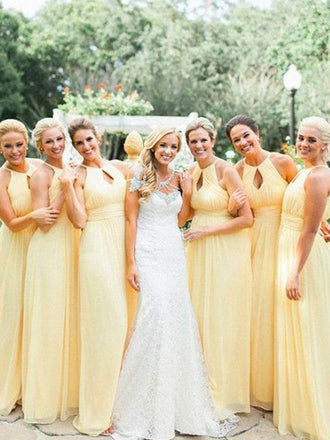 Long Chiffon Halter Backless Yellow Bridesmaid Dresses Plus Size, TYP1201