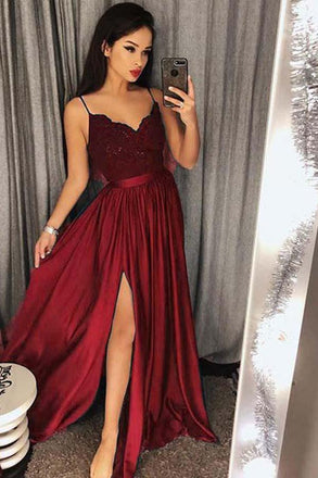 Spaghetti Strap Prom Dresses Long Lace V Neck Maxi High Split Evening Ball Gowns 2019, TYP1224