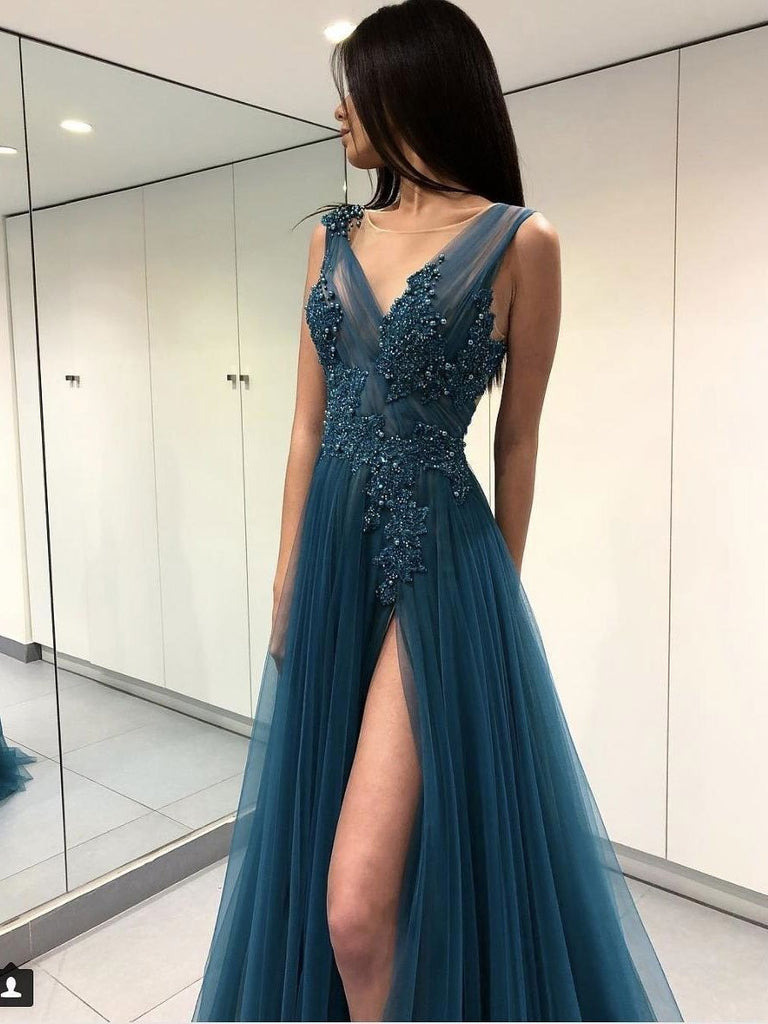 Long See Through Thigh Slit Blue Prom Dresses Backless Beaded Lace Prom Dresses, TYP1199