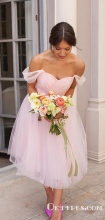 Cute Off Shoulder Pink Tulle Tea Length Short Bridesmaid Dresses, TYP2001