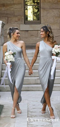 Sexy One Shoulder Silver Short Cheap Bridesmaid Dresses with Slip, TYP2005