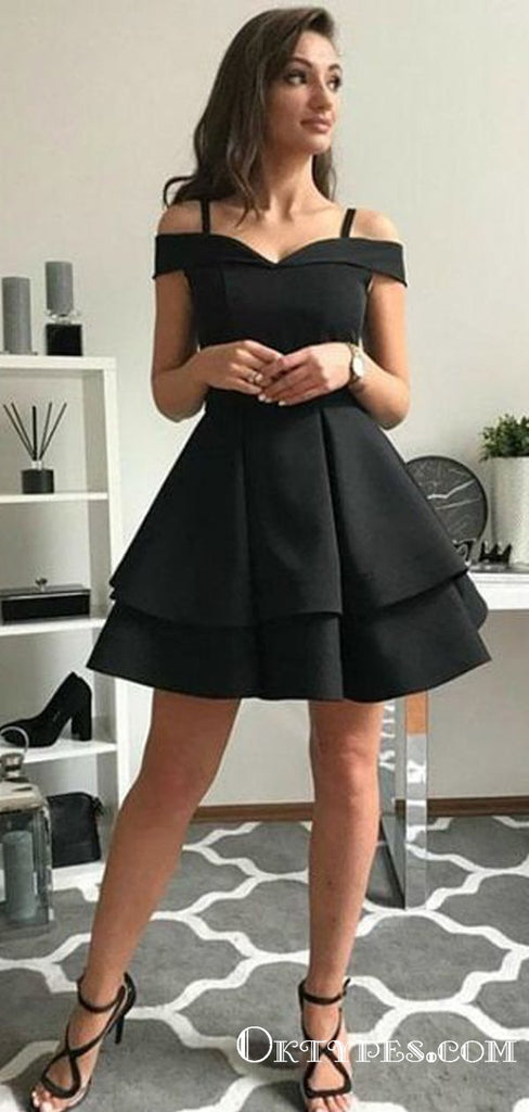 Cute A-Line Off the Shoulder Open Back Black Satin Short Homecoming Dresses, TYP1993