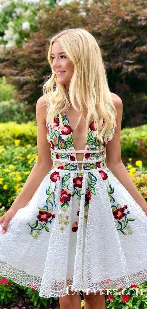 Modest A-Line Deep V Neck Backless White Short Homecoming Dresses with Embroidery, TYP1999