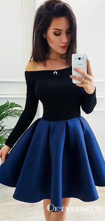Sweet A-Line Off Shoulder Long Sleeve Satin Short Homecoming Dresses, TYP1995