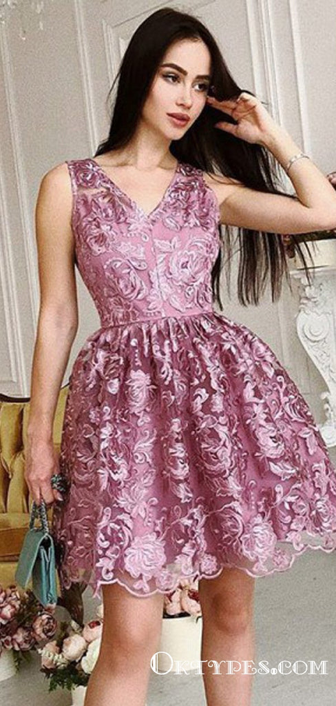 A-Line V-Neck Sleeveless Organza Appliqued With Ruched Short/Mini Cheap Homecoming Dresses, TYP2037