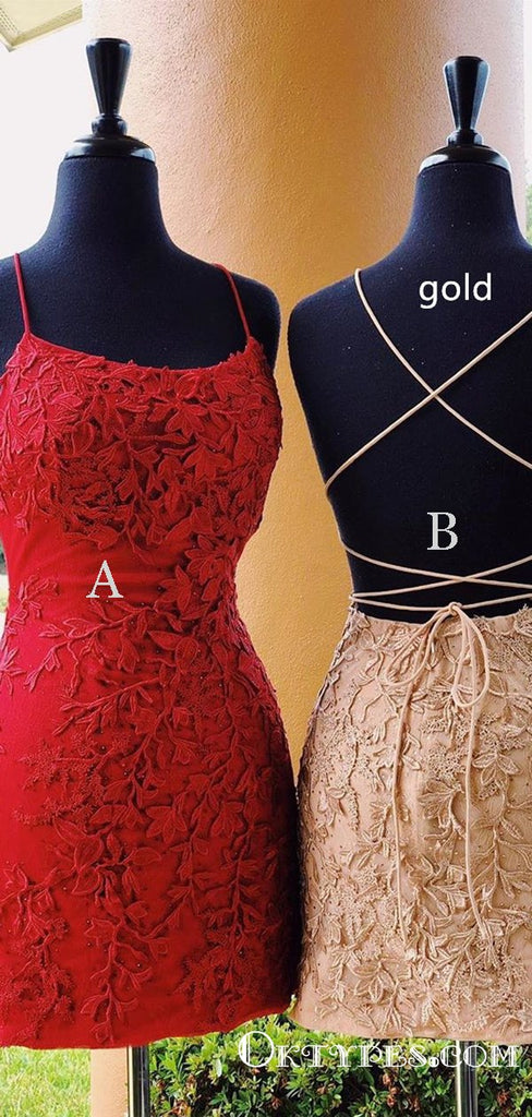 Red Halter Spaghetti Strap Cross- Back Lace Short Homecoming Dresses, TYP2014
