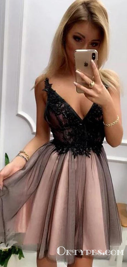 Stylish A Line V Neck Gray Short Homecoming Dresses With Appliques, TYP2029