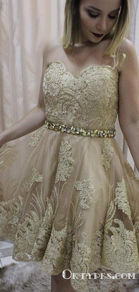 Newest Charming Sweetheart Champagne Short Cheap Homecoming Dresses With Appliques, TYP2031