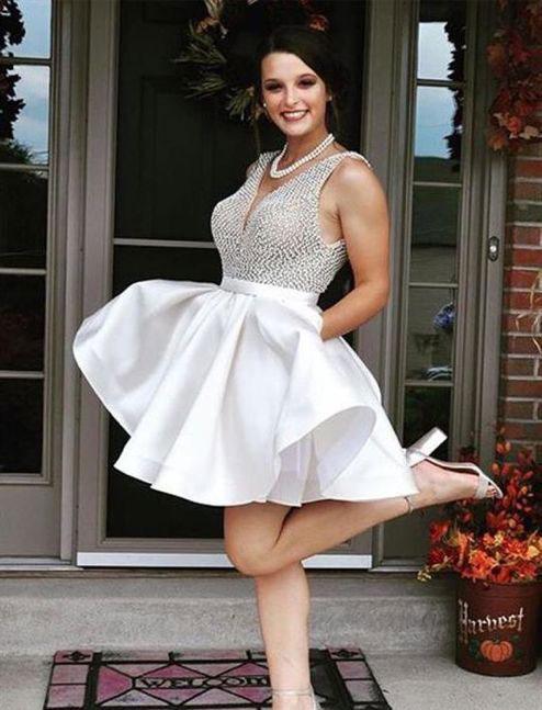 Charming V Neck White Short Cheap Homecoming Dresses With Heavy Beaded, TYP1969