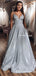 A-line V-neck Spaghetti Straps Long Sparkle Silver Sequin Long Cheap Prom Dresses with Pockets, PDS0034