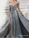 Off The Shoulder Gray Long Split Front Evening Party Prom Dresses, TYP1747