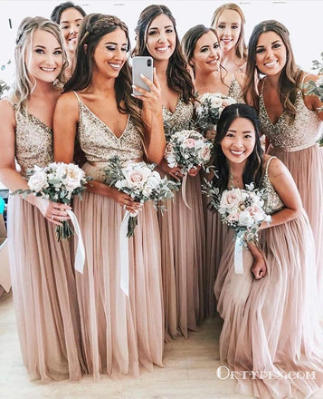 Pink Tulle with Silver Sequins Top Long Cheap Bridesmaid Dresses, TYP1801