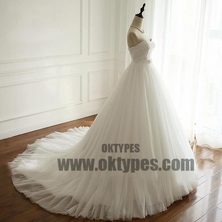 Simple Strapless A line Pearls Beaded Wedding Bridal Dresses, Cheap Custom Made Wedding Bridal Dresses, TYP0596
